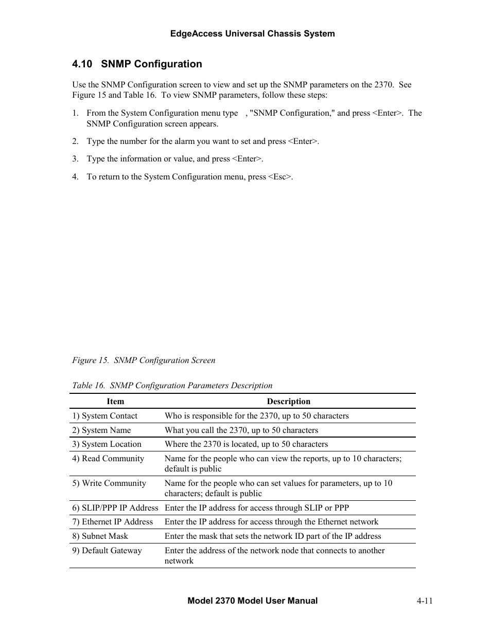 10snmp configuration, Snmp configuration -11, Figure 15. snmp configuration screen -11 | 10 snmp configuration | CANOGA PERKINS 2370 High-Speed Universal Fiber Optic Modem User Manual | Page 35 / 56