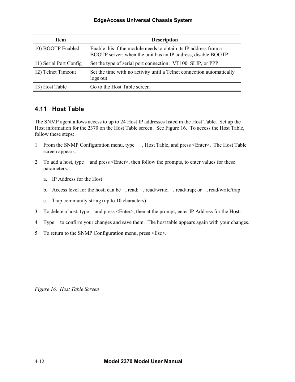 11host table, Host table -12, Figure 16. host table screen -12 | 11 host table | CANOGA PERKINS 2370 High-Speed Universal Fiber Optic Modem User Manual | Page 36 / 56