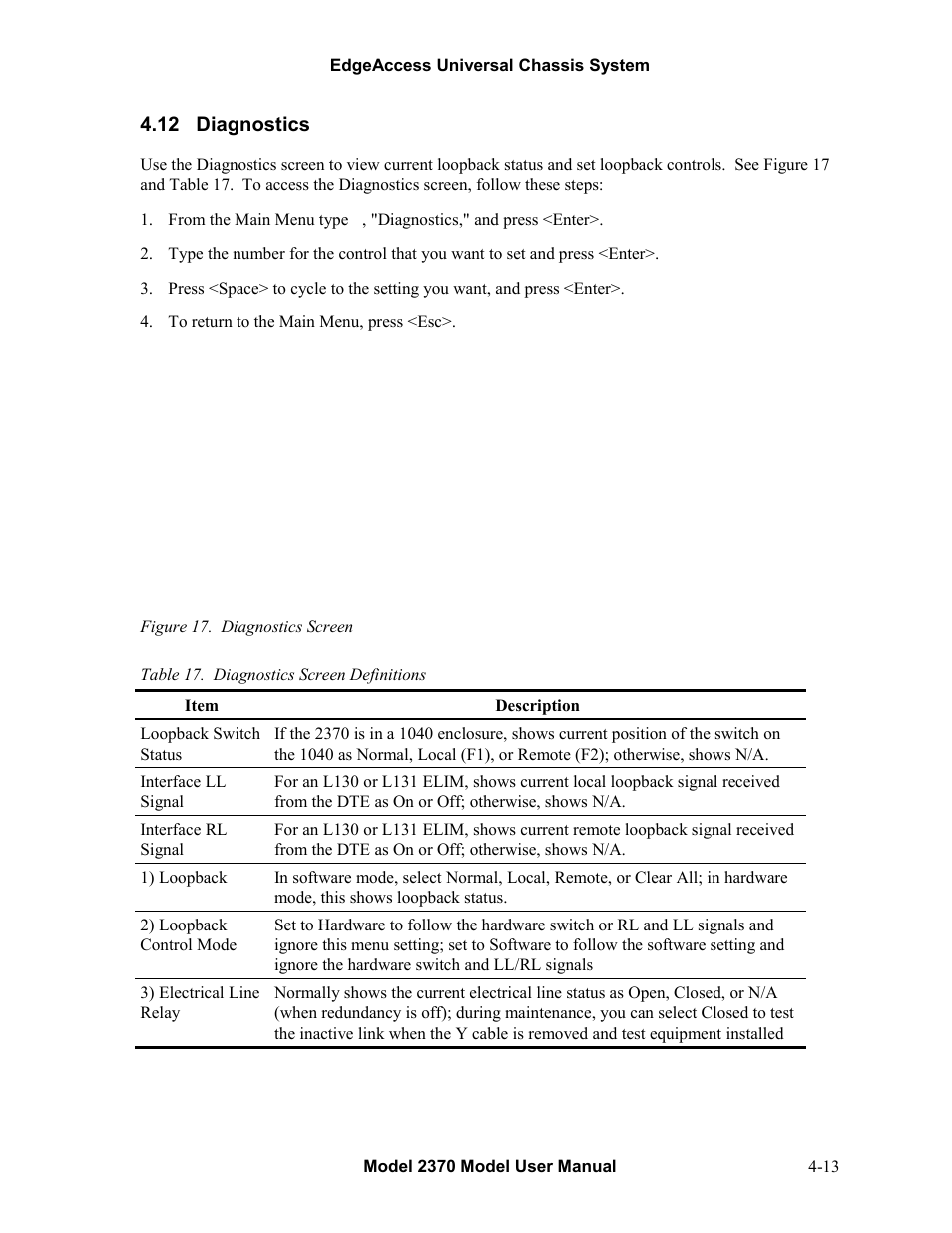 12diagnostics, Diagnostics -13, Figure 17. diagnostics screen -13 | Table 17. diagnostics screen definitions -13, 12 diagnostics | CANOGA PERKINS 2370 High-Speed Universal Fiber Optic Modem User Manual | Page 37 / 56