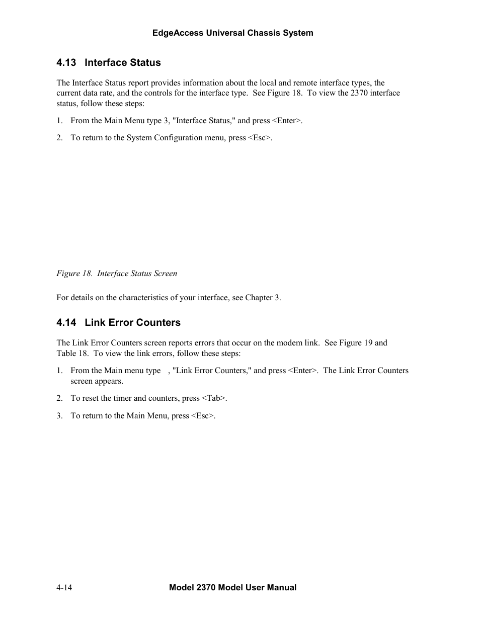 13interface status, 14link error counters, Interface status -14 | Link error counters -14, Figure 18. interface status screen -14, 13 interface status, 14 link error counters | CANOGA PERKINS 2370 High-Speed Universal Fiber Optic Modem User Manual | Page 38 / 56