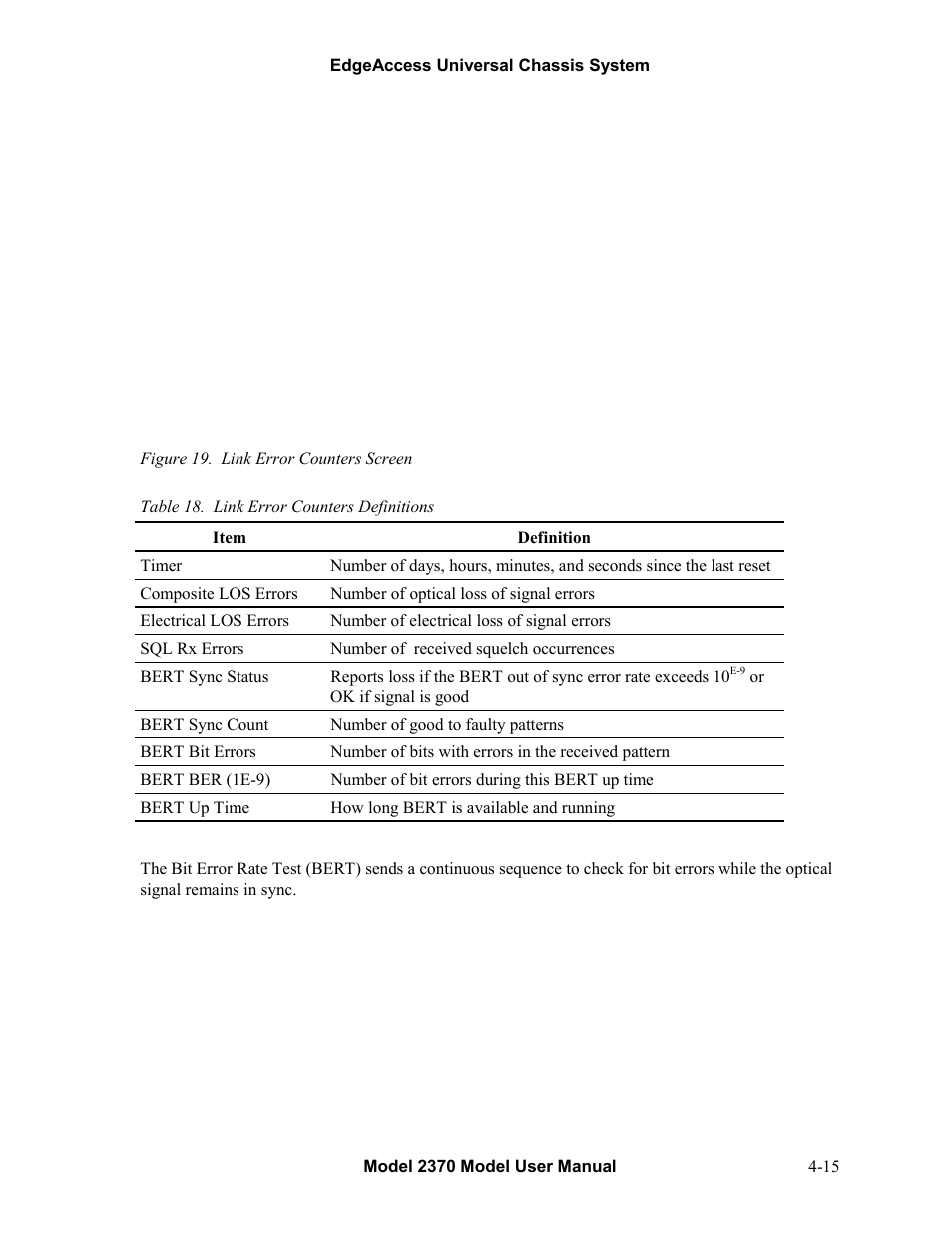 Figure 19. link error counters screen -15, Table 18. link error counters definitions -15 | CANOGA PERKINS 2370 High-Speed Universal Fiber Optic Modem User Manual | Page 39 / 56