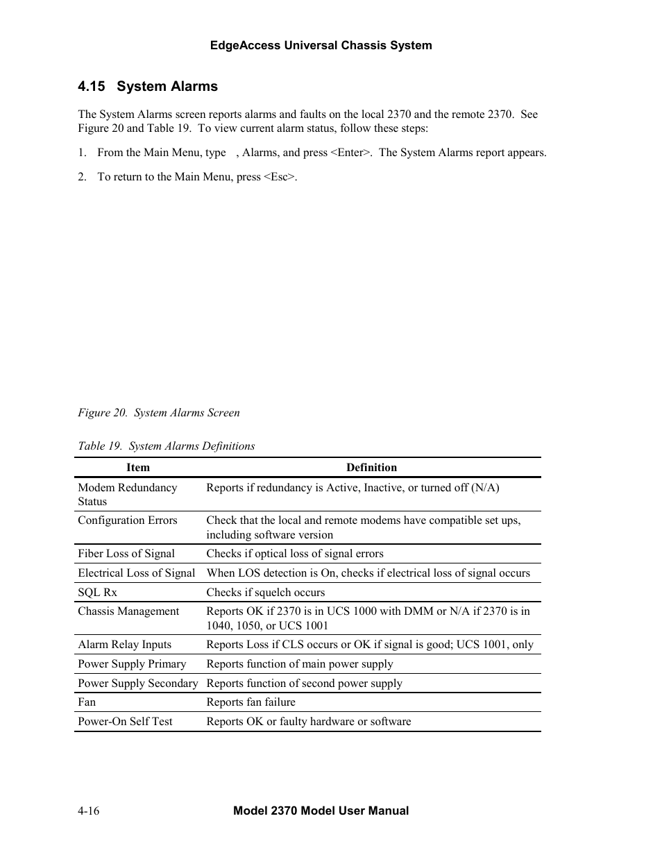 15system alarms, System alarms -16, Figure 20. system alarms screen -16 | Table 19. system alarms definitions -16, 15 system alarms | CANOGA PERKINS 2370 High-Speed Universal Fiber Optic Modem User Manual | Page 40 / 56