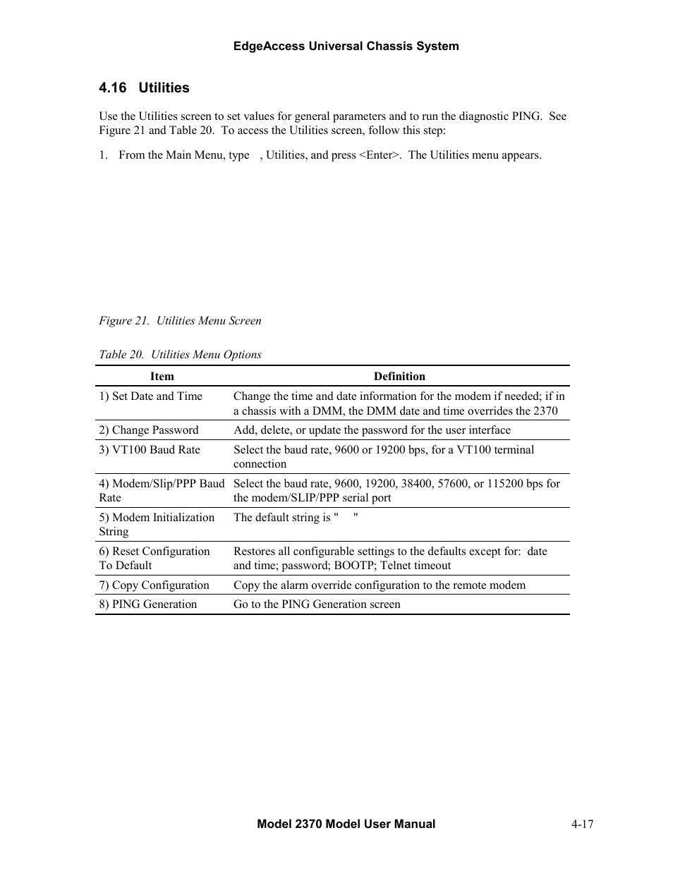 16utilities, Utilities -17, Figure 21. utilities menu screen -17 | Table 20. utilities menu options -17 | CANOGA PERKINS 2370 High-Speed Universal Fiber Optic Modem User Manual | Page 41 / 56