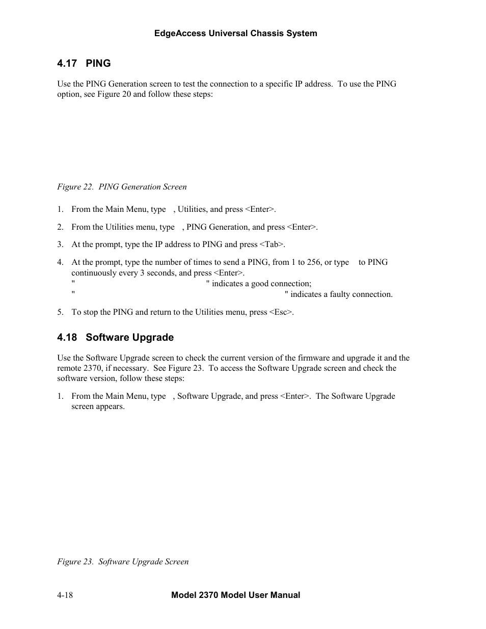 17ping, 18software upgrade, Ping -18 | Software upgrade -18, 17 ping, 18 software upgrade | CANOGA PERKINS 2370 High-Speed Universal Fiber Optic Modem User Manual | Page 42 / 56