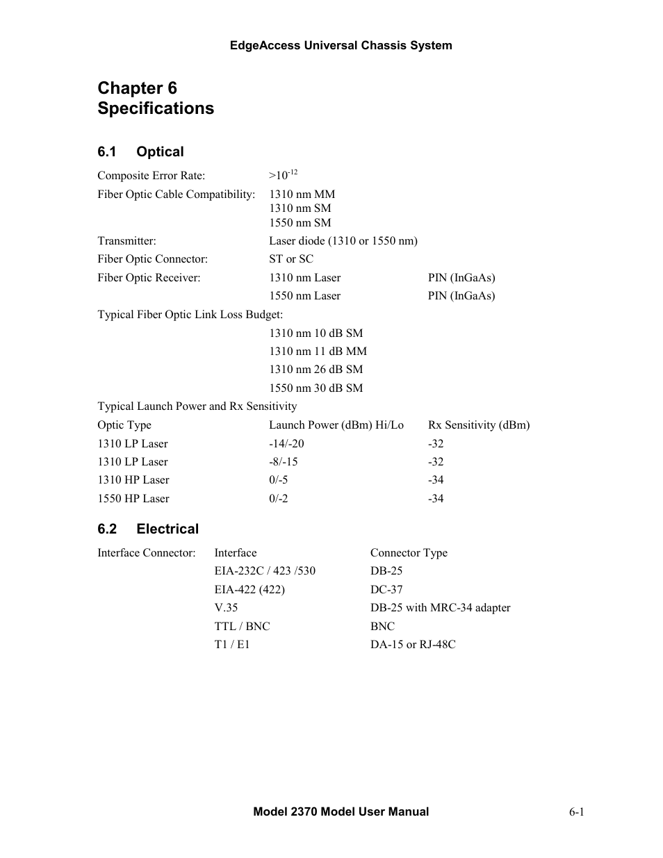 Chapter 6 specifications, 1optical, 2electrical | Chapter 6 specifications -1, Optical -1, Electrical -1 | CANOGA PERKINS 2370 High-Speed Universal Fiber Optic Modem User Manual | Page 49 / 56