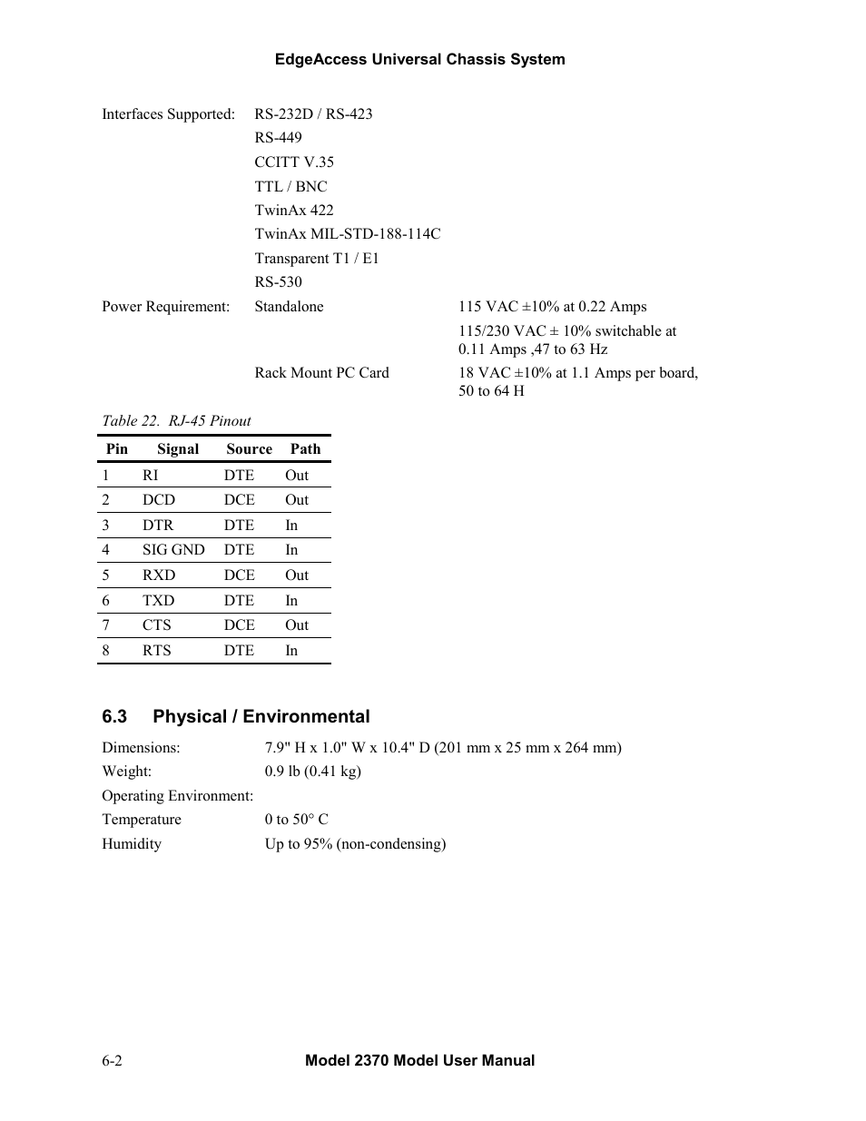 3physical / environmental, Physical / environmental -2, Table 22. rj-45 pinout -2 | CANOGA PERKINS 2370 High-Speed Universal Fiber Optic Modem User Manual | Page 50 / 56