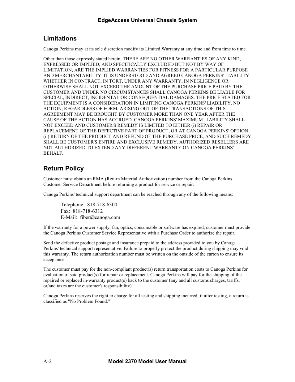 Limitations, Return policy | CANOGA PERKINS 2370 High-Speed Universal Fiber Optic Modem User Manual | Page 54 / 56