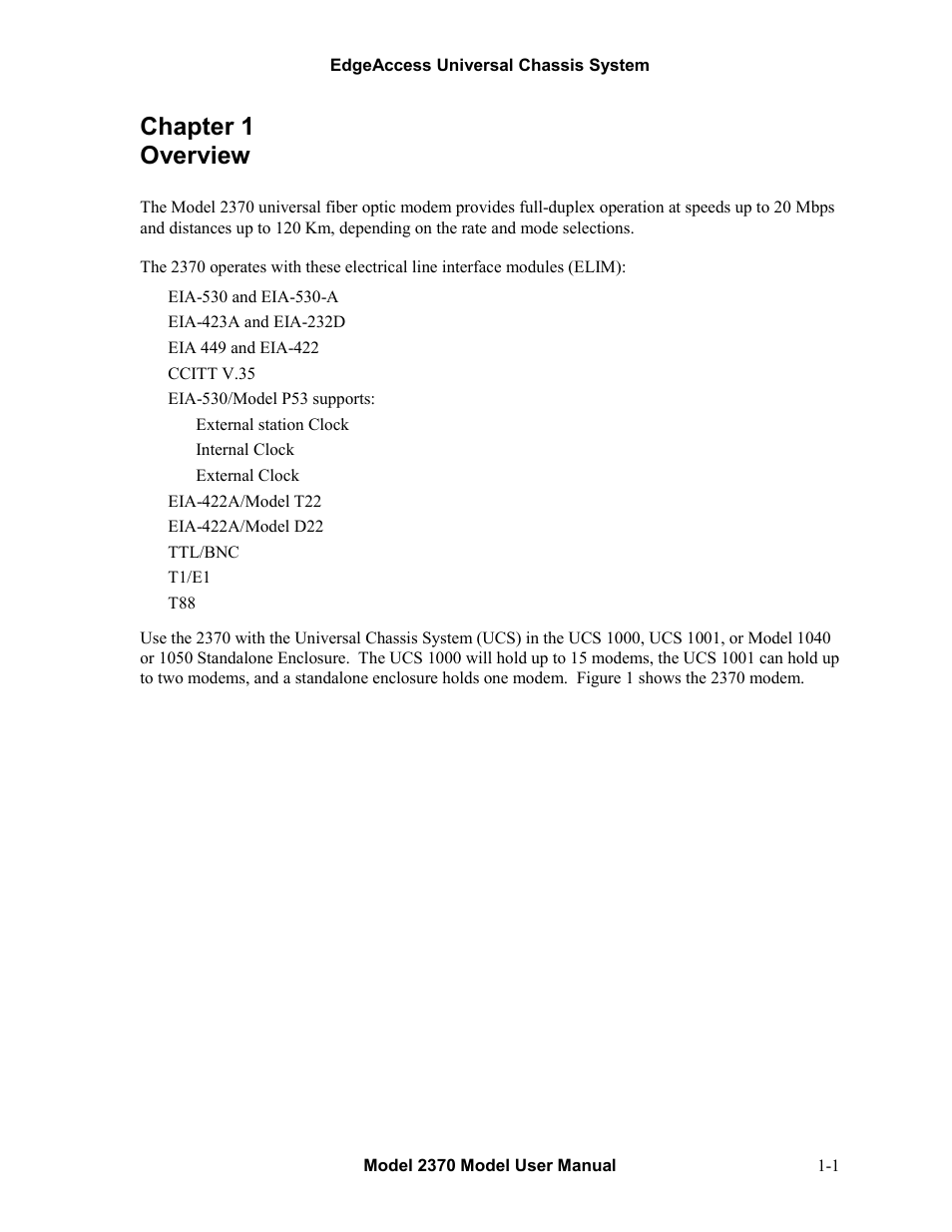 Chapter 1 overview, Chapter 1 overview -1 | CANOGA PERKINS 2370 High-Speed Universal Fiber Optic Modem User Manual | Page 9 / 56