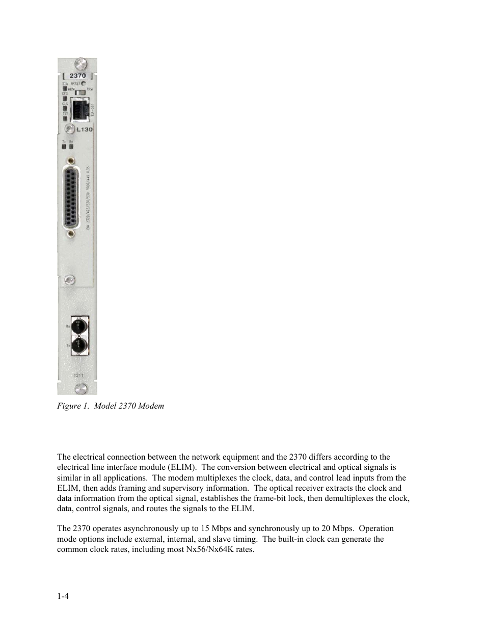 1 modem operation, Modem operation -4, Figure 1. model 2370 modem -4 | CANOGA PERKINS 2370 High-Speed Universal Fiber Optic Modem User Manual | Page 12 / 60