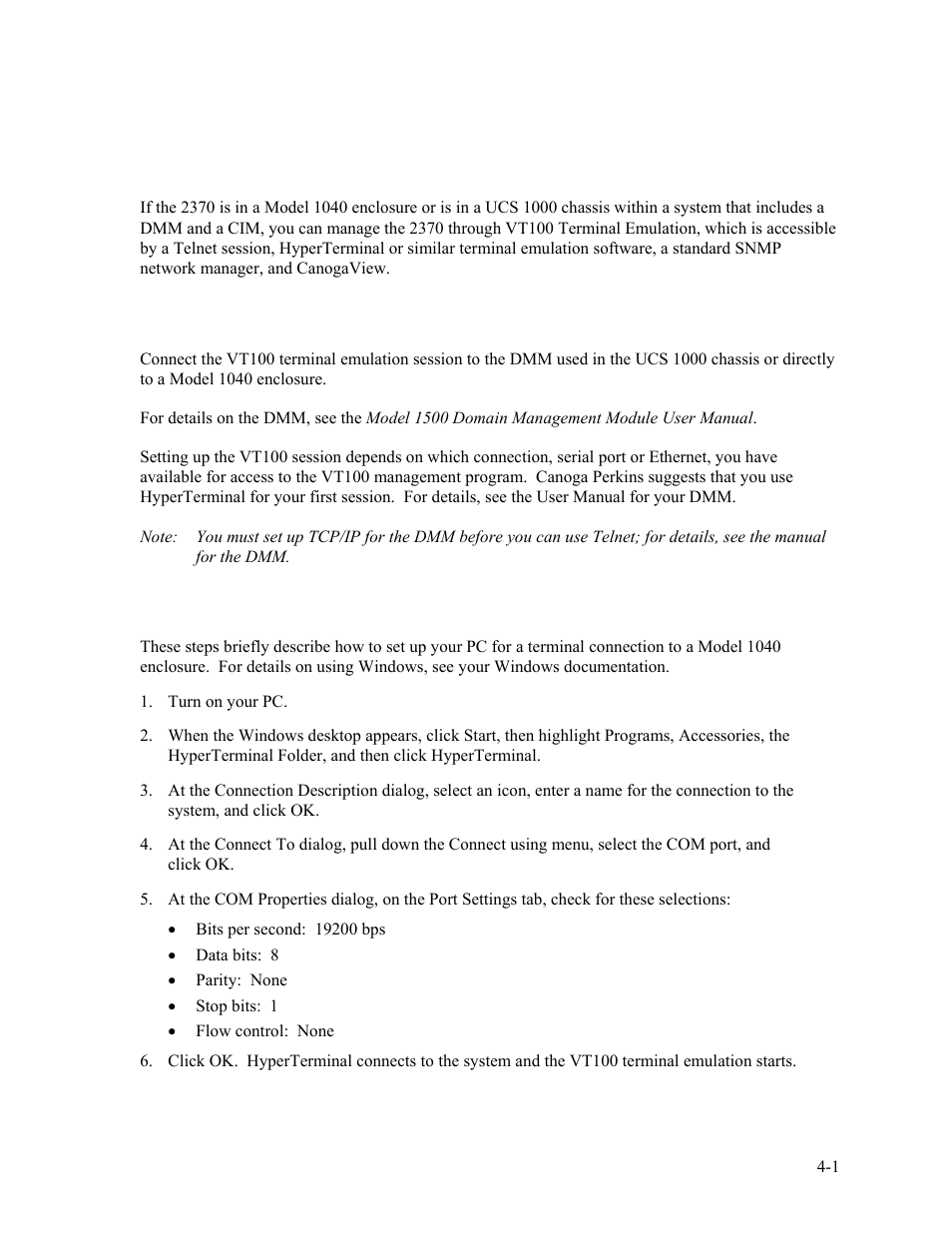 Chapter 4 chapter 4software management, 1 vt100 terminal emulation, 2 pc configuration for terminal operation | Chapter 4 software management -1, Vt100 terminal emulation -1, Pc configuration for terminal operation -1, Chapter 4 software management | CANOGA PERKINS 2370 High-Speed Universal Fiber Optic Modem User Manual | Page 29 / 60