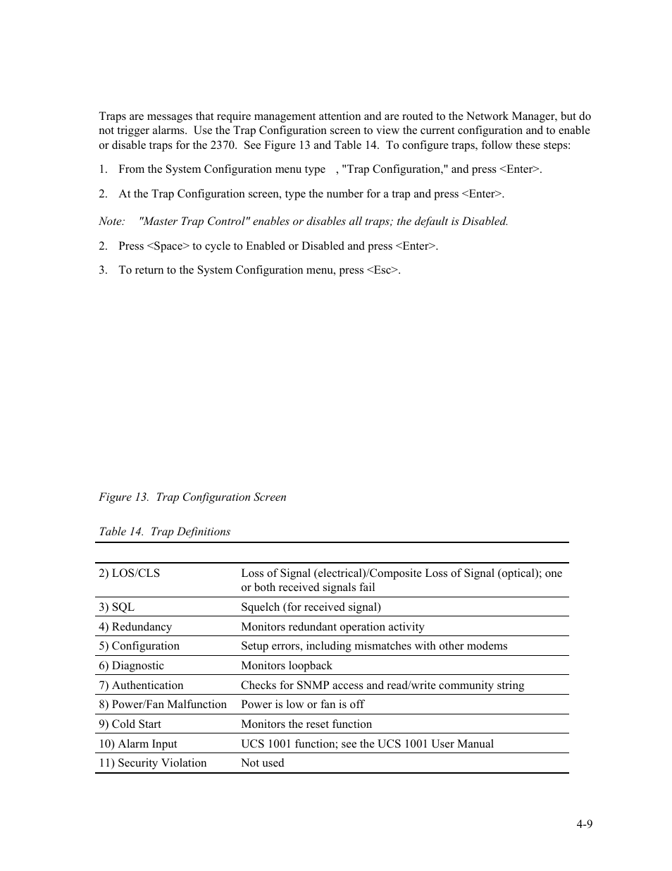 8 trap configuration, Trap configuration -9, Figure 13. trap configuration screen -9 | Table 14. trap definitions -9 | CANOGA PERKINS 2370 High-Speed Universal Fiber Optic Modem User Manual | Page 37 / 60