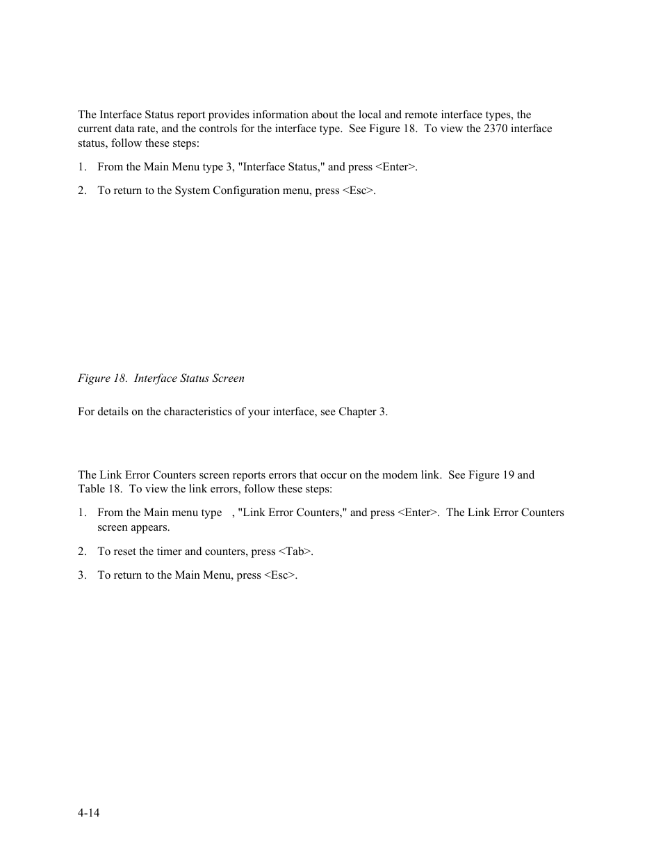 13 interface status, 14 link error counters, Interface status -14 | Link error counters -14, Figure 18. interface status screen -14 | CANOGA PERKINS 2370 High-Speed Universal Fiber Optic Modem User Manual | Page 42 / 60