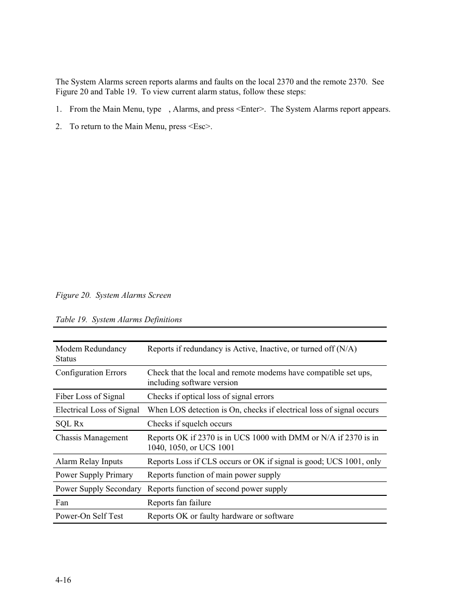 15 system alarms, System alarms -16, Figure 20. system alarms screen -16 | Table 19. system alarms definitions -16 | CANOGA PERKINS 2370 High-Speed Universal Fiber Optic Modem User Manual | Page 44 / 60