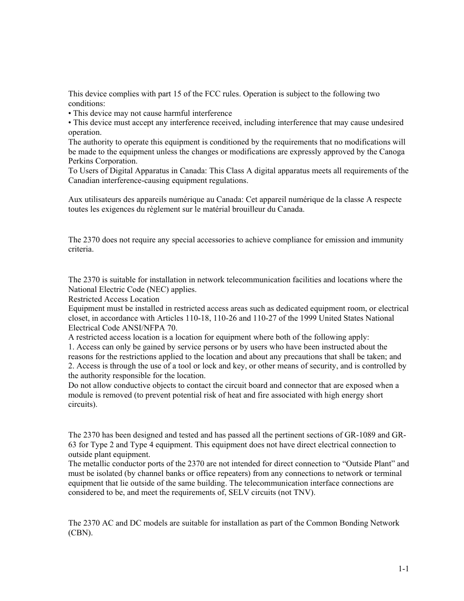 General safety considerations, General safety considerations -1 | CANOGA PERKINS 2370 High-Speed Universal Fiber Optic Modem User Manual | Page 9 / 60