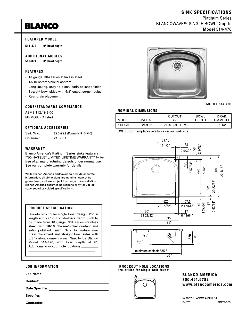 Blanco 514-476 User Manual | 1 page