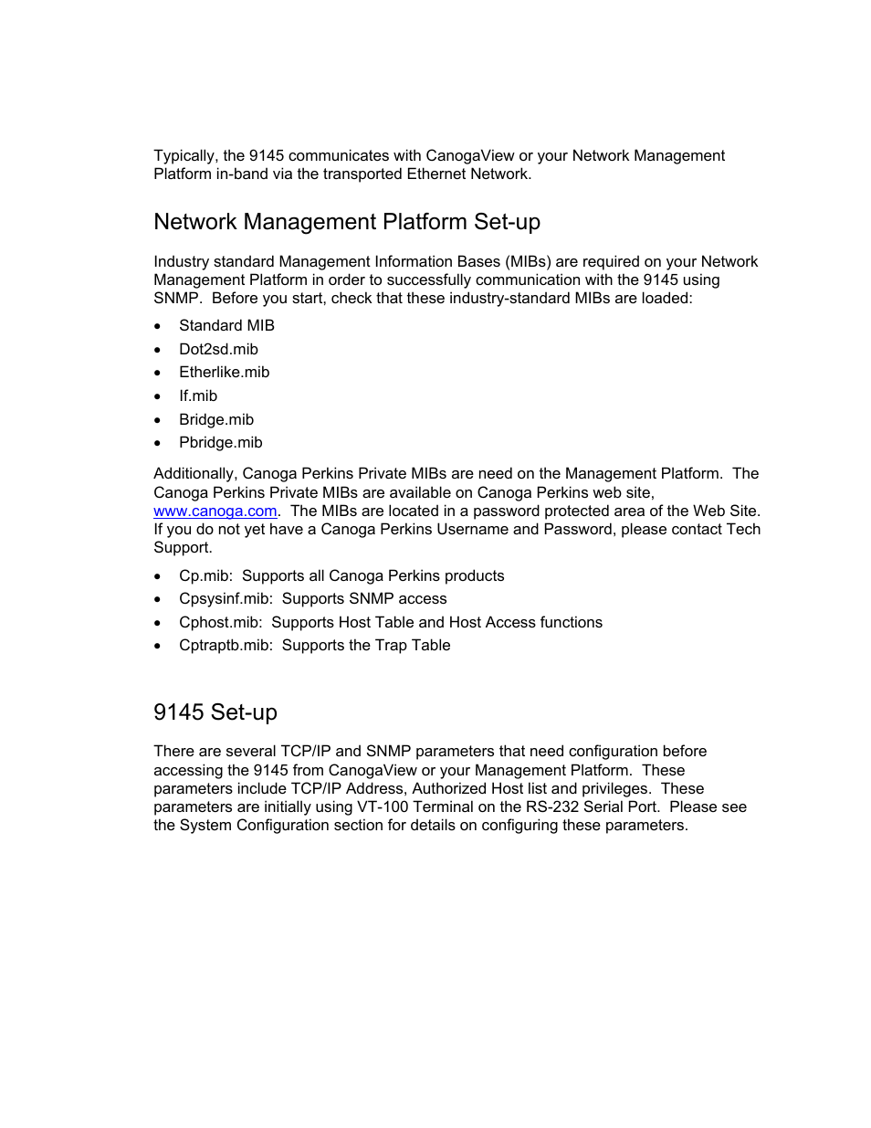 Setting up snmp network management, Network management platform set-up, 9145 set-up | CANOGA PERKINS 9145 Network Interface Device User Manual | Page 22 / 108