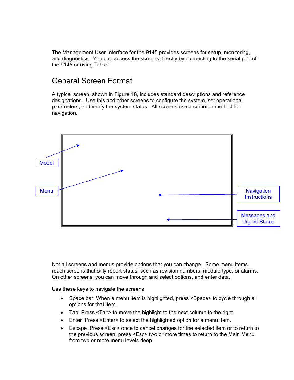 Management user interface, General screen format | CANOGA PERKINS 9145 Network Interface Device User Manual | Page 23 / 108