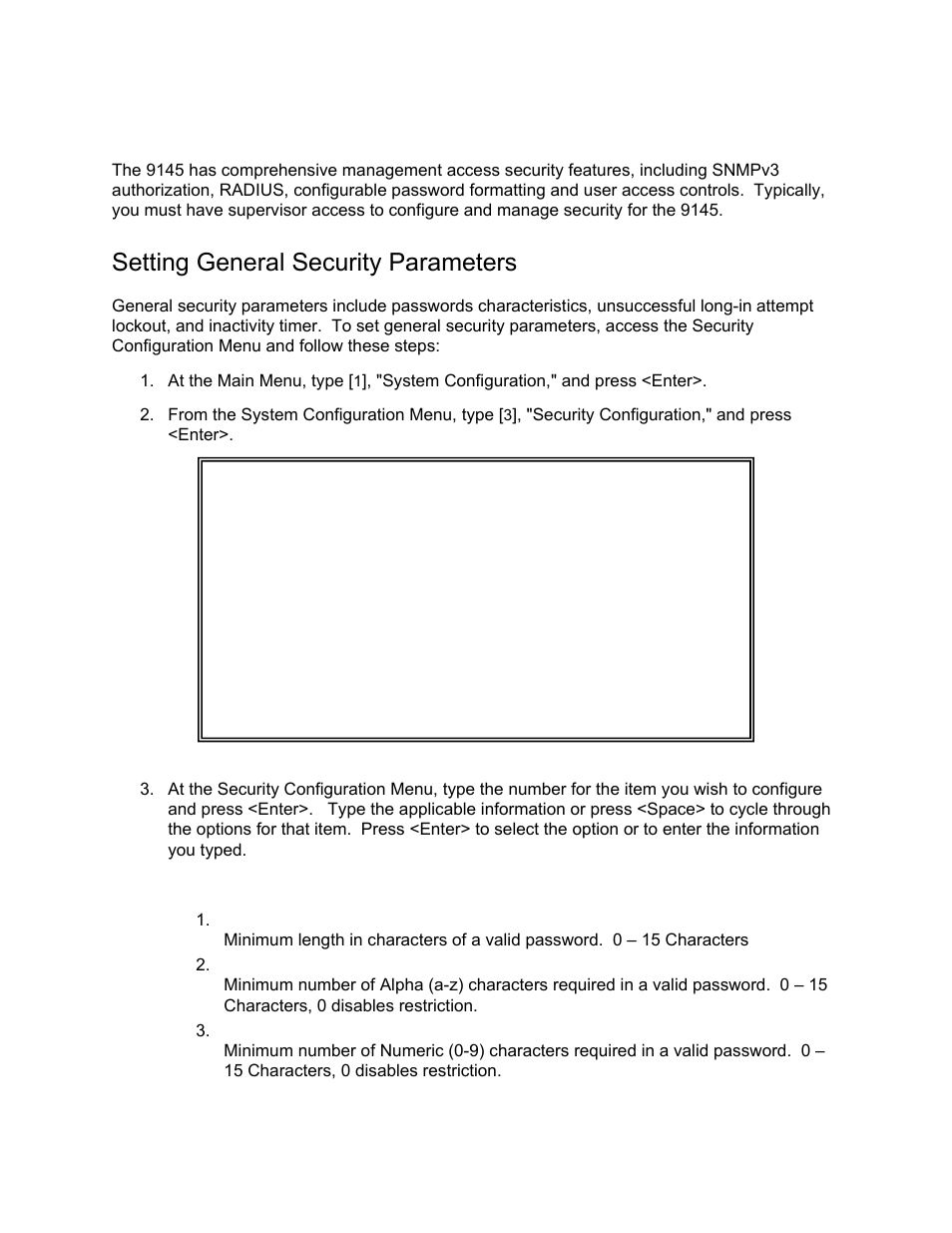 Configuring access security, Setting general security parameters | CANOGA PERKINS 9145 Network Interface Device User Manual | Page 51 / 108