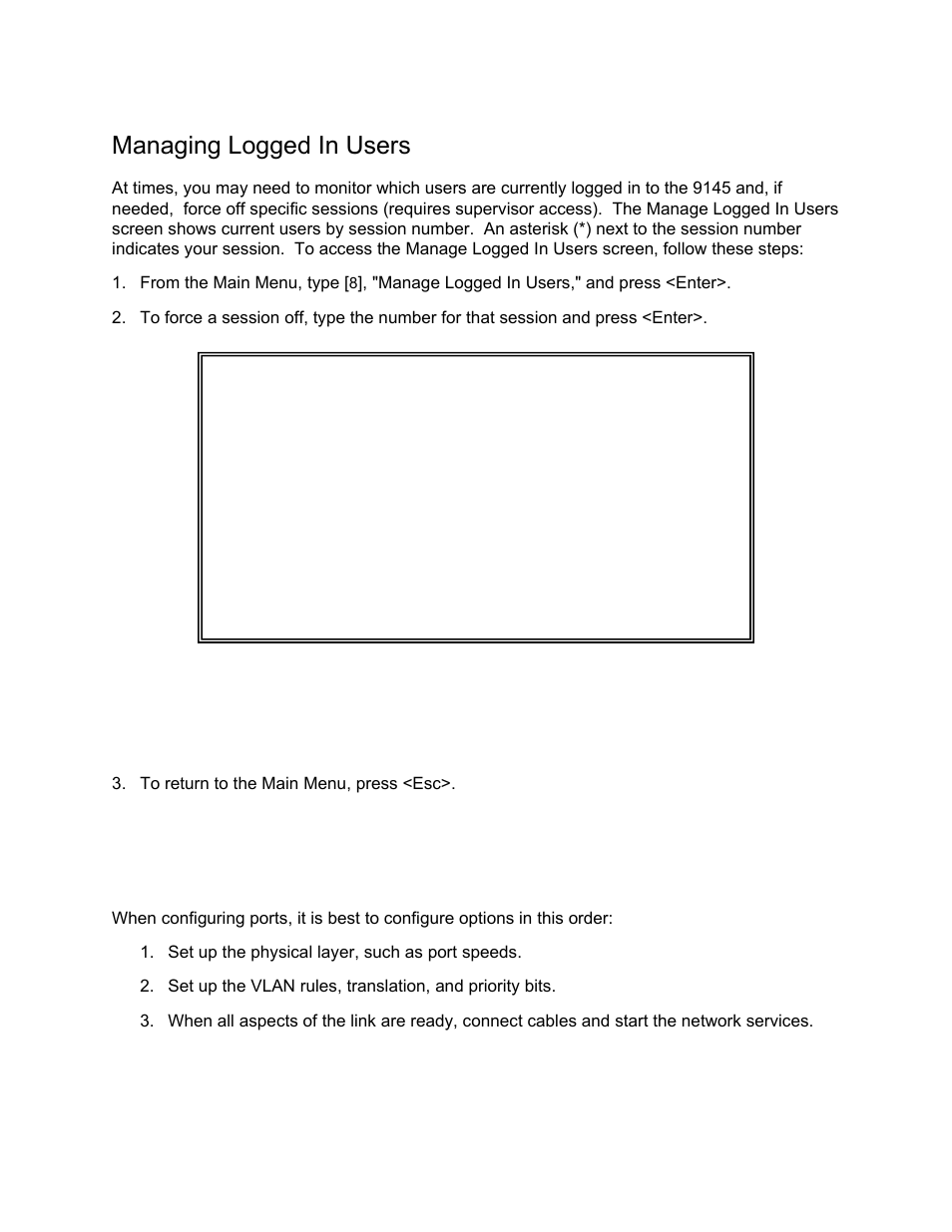 Managing logged in users, Managing the network interface | CANOGA PERKINS 9145 Network Interface Device User Manual | Page 64 / 108