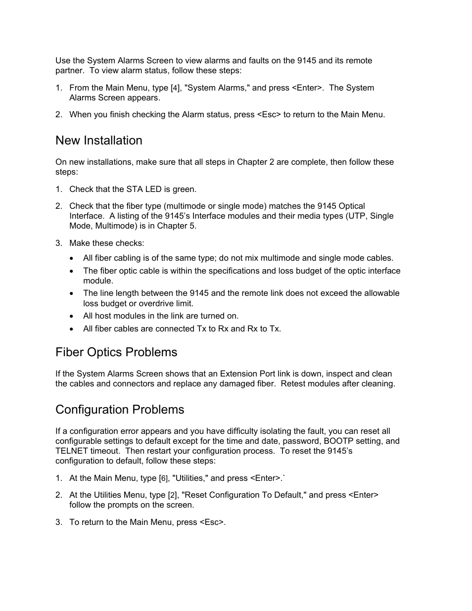 New installation, Fiber optics problems, Configuration problems | CANOGA PERKINS 9145 Network Interface Device User Manual | Page 84 / 108