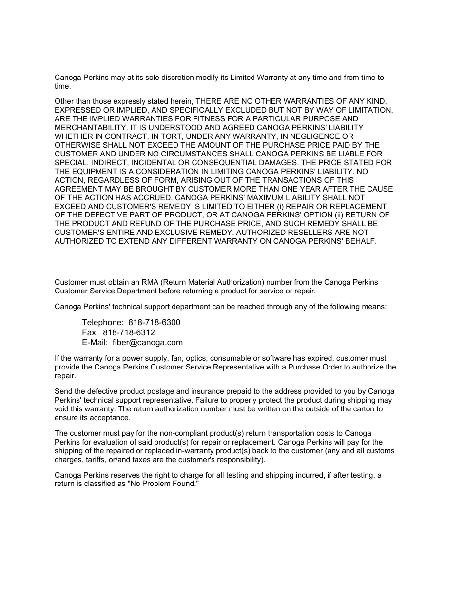 Limitations, Return policy | CANOGA PERKINS 9145 Network Interface Device User Manual | Page 96 / 108