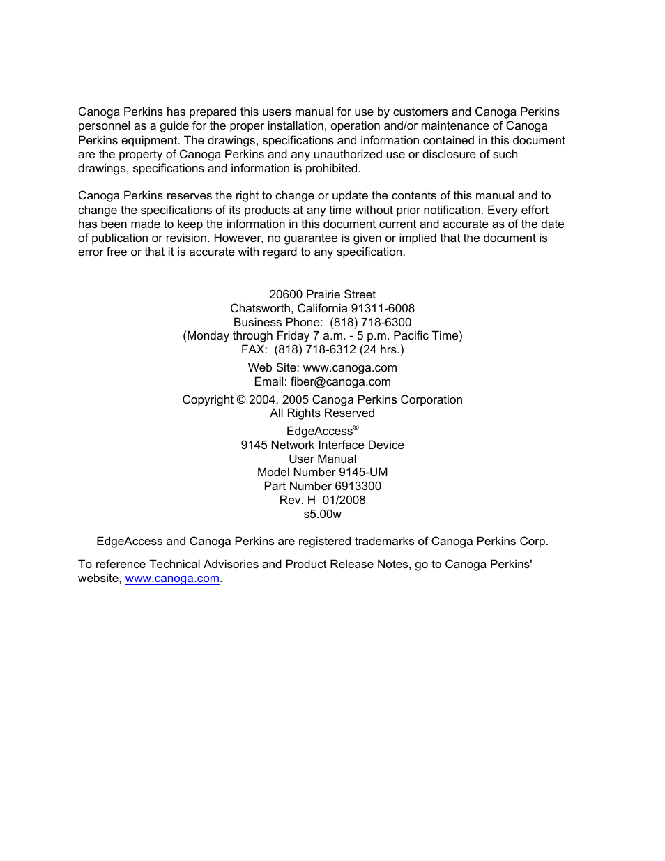 Notice, Canoga perkins corporation | CANOGA PERKINS 9145 Network Interface Device User Manual | Page 2 / 102