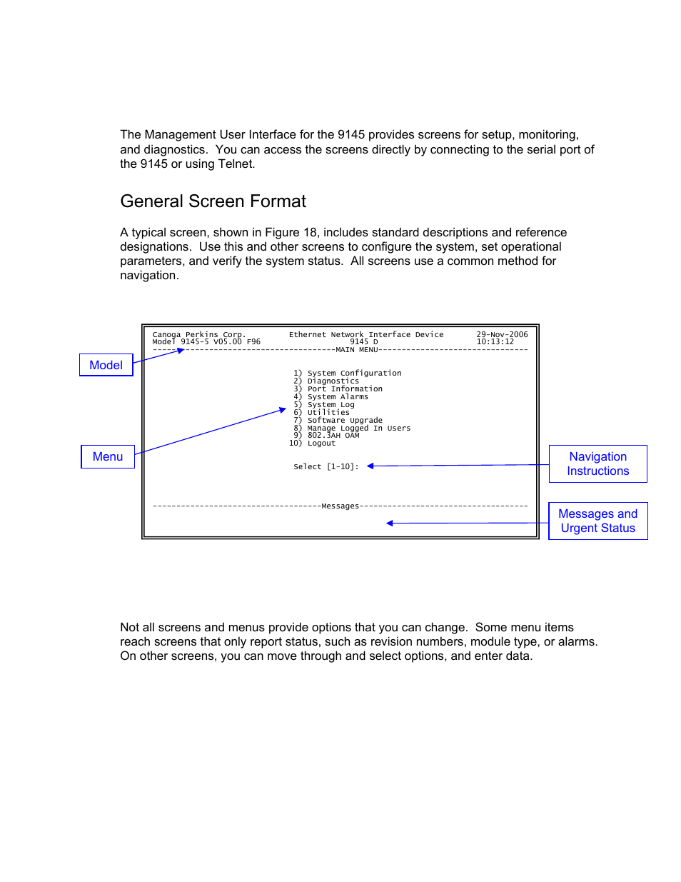 Management user interface, General screen format | CANOGA PERKINS 9145 Network Interface Device User Manual | Page 21 / 102