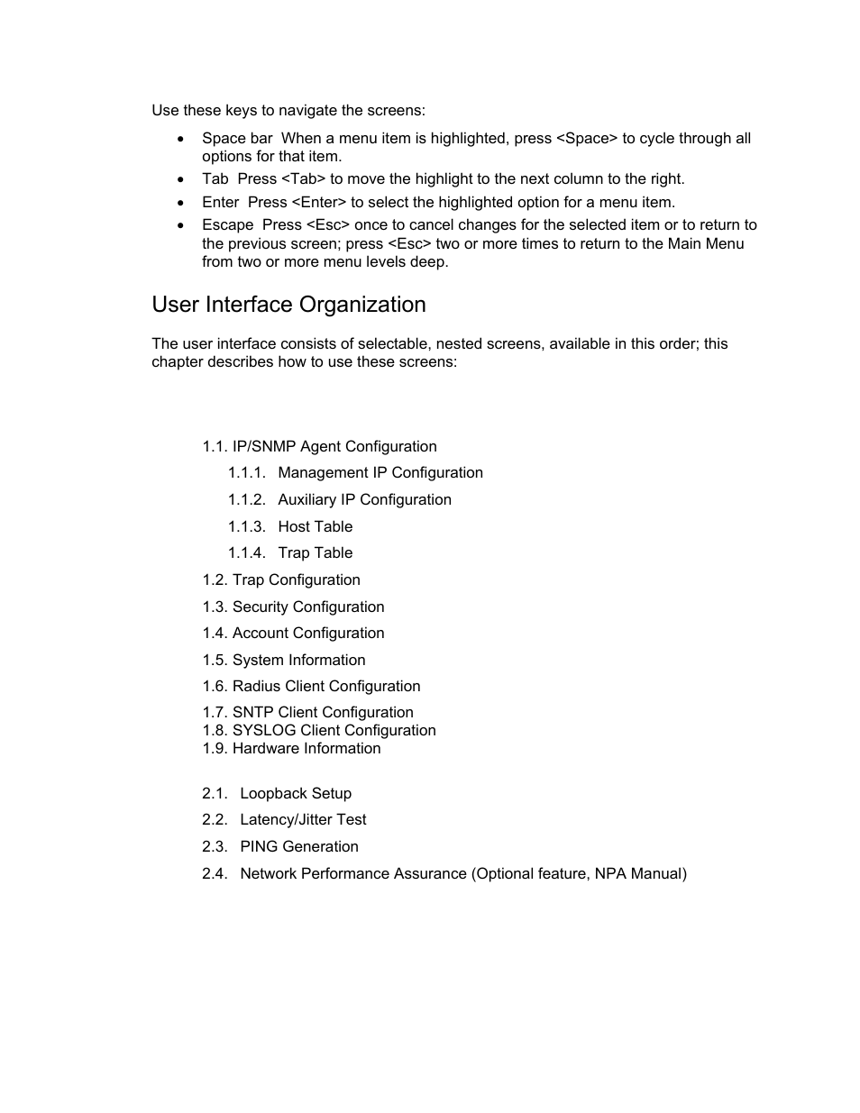 User interface organization, Main menu | CANOGA PERKINS 9145 Network Interface Device User Manual | Page 22 / 102