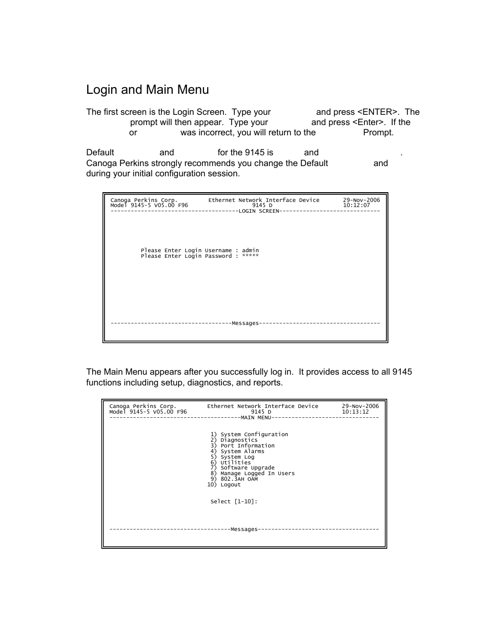 Login and main menu | CANOGA PERKINS 9145 Network Interface Device User Manual | Page 24 / 102