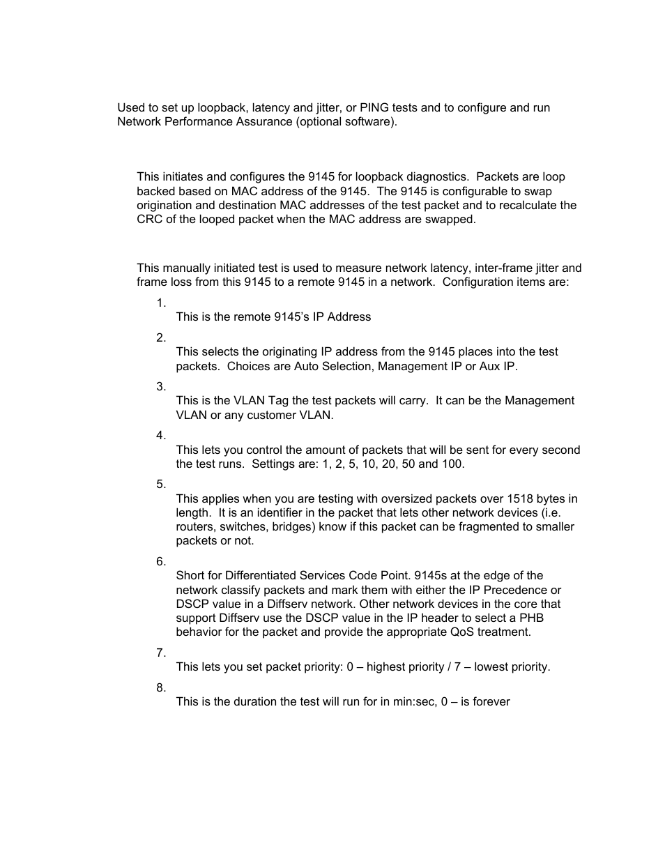 Diagnostics, Loopback setup, Latency/jitter test | CANOGA PERKINS 9145 Network Interface Device User Manual | Page 26 / 102