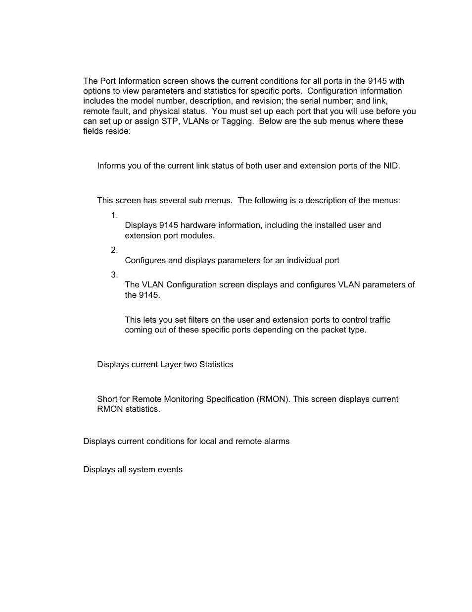 Port information, Link status, Port configuration | Layer 2 statistics, System alarms, System log | CANOGA PERKINS 9145 Network Interface Device User Manual | Page 28 / 102