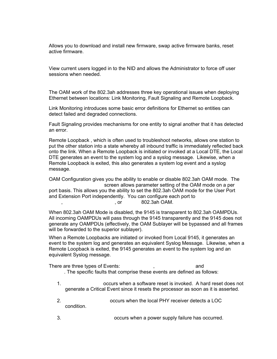 Software upgrade, Manage logged in users, 3ah oam | CANOGA PERKINS 9145 Network Interface Device User Manual | Page 30 / 102