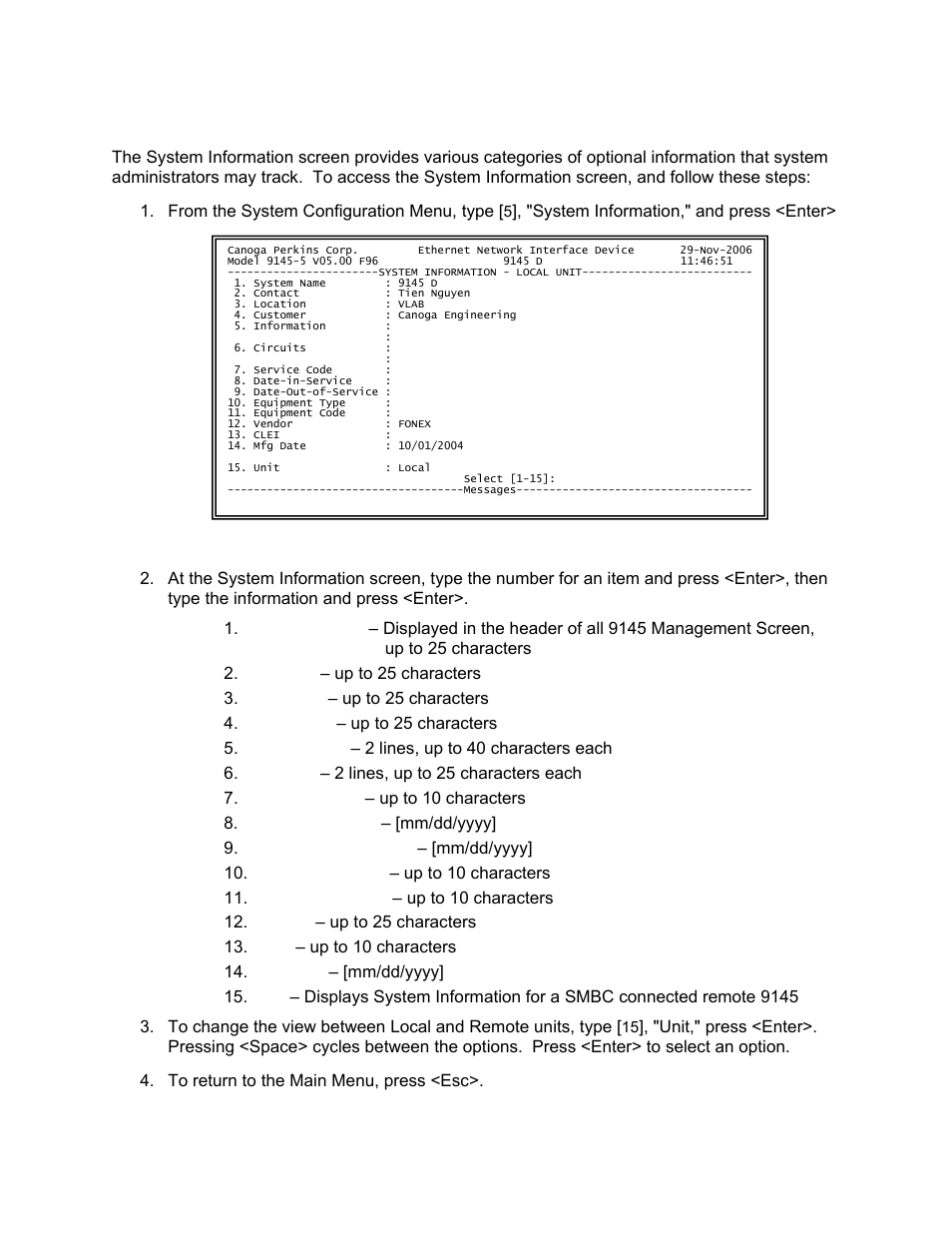 Manual configuration – vt-100 session | CANOGA PERKINS 9145 Network Interface Device User Manual | Page 37 / 102