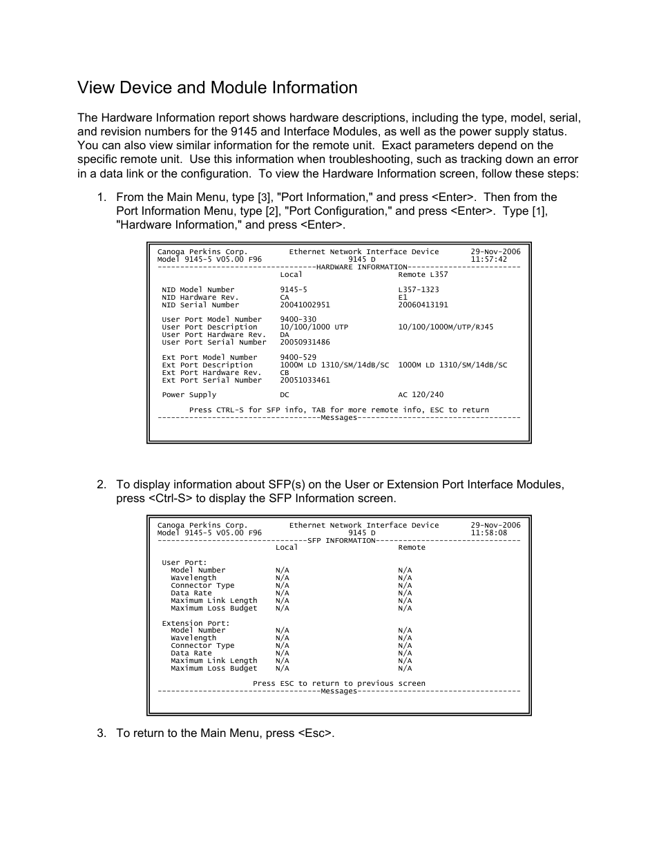 View device and module information | CANOGA PERKINS 9145 Network Interface Device User Manual | Page 38 / 102