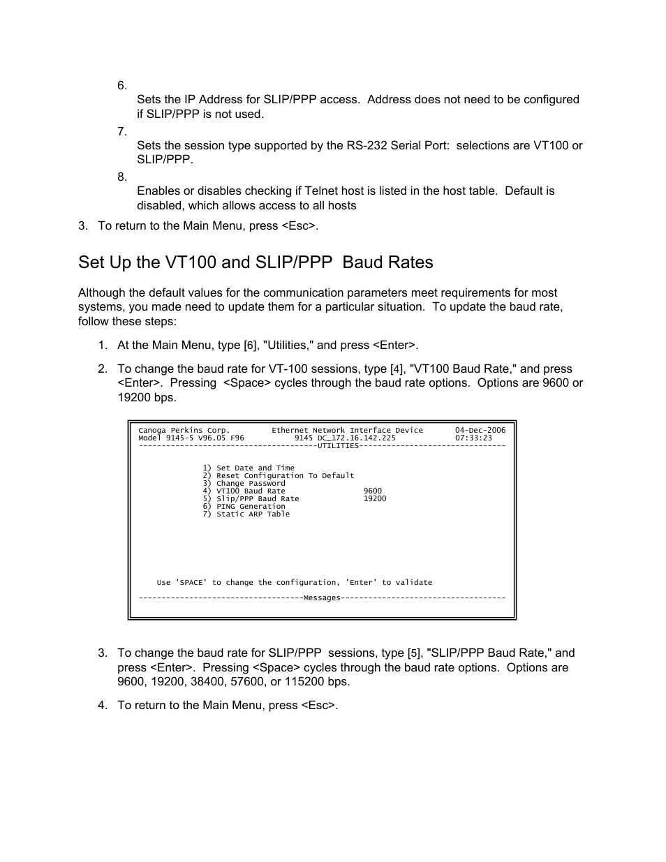 Set up the vt100 and slip/ppp baud rates | CANOGA PERKINS 9145 Network Interface Device User Manual | Page 42 / 102