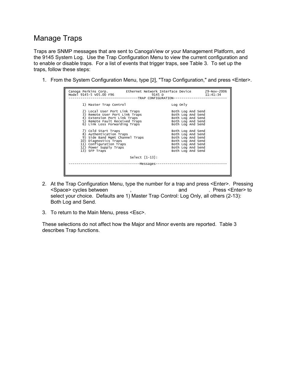 Manage traps | CANOGA PERKINS 9145 Network Interface Device User Manual | Page 43 / 102