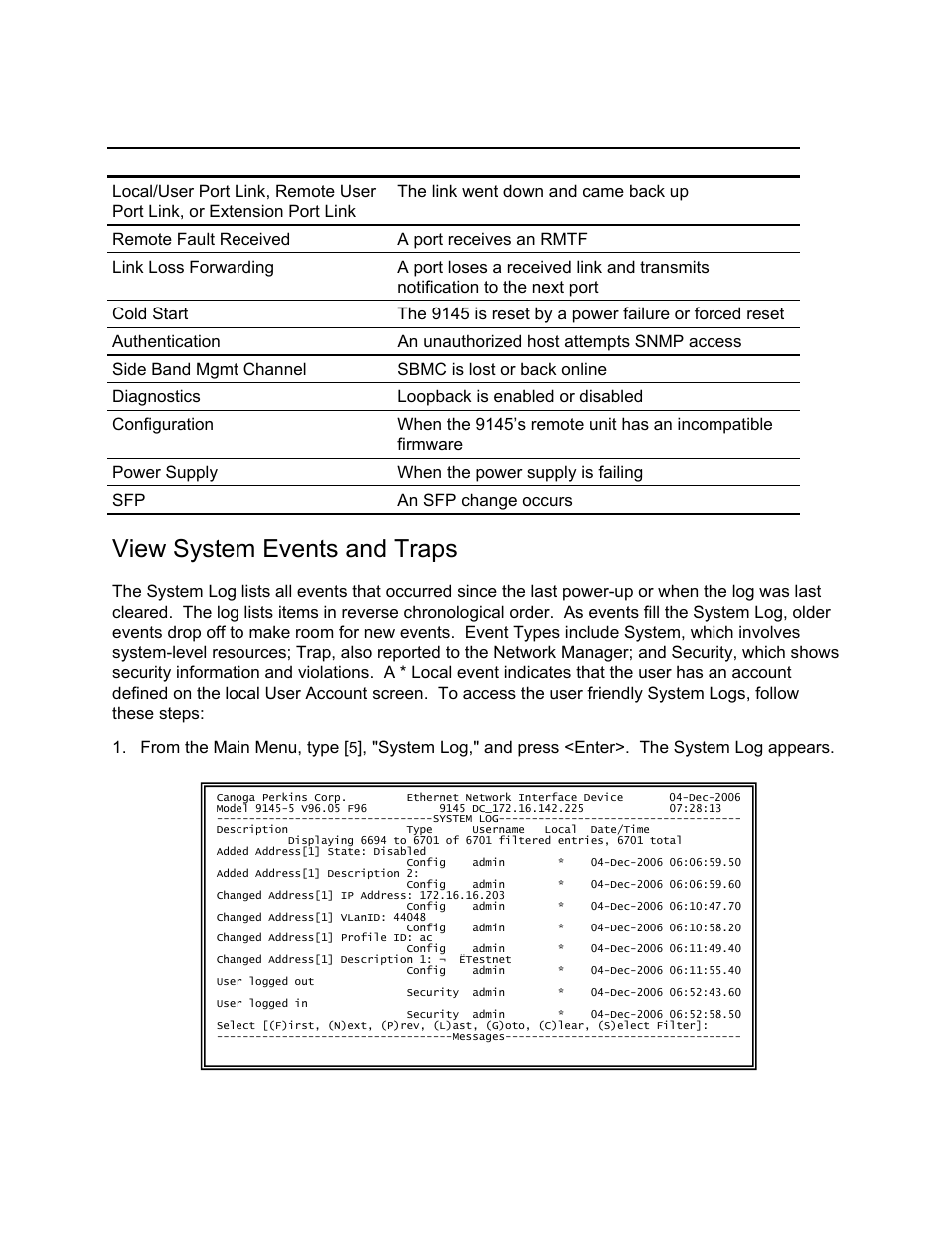 View system events and traps | CANOGA PERKINS 9145 Network Interface Device User Manual | Page 44 / 102