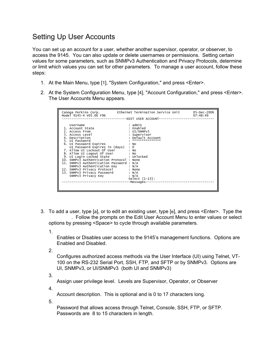 Setting up user accounts | CANOGA PERKINS 9145 Network Interface Device User Manual | Page 51 / 102