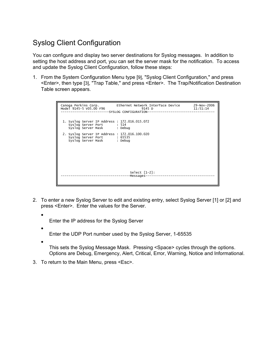 Syslog client configuration | CANOGA PERKINS 9145 Network Interface Device User Manual | Page 56 / 102