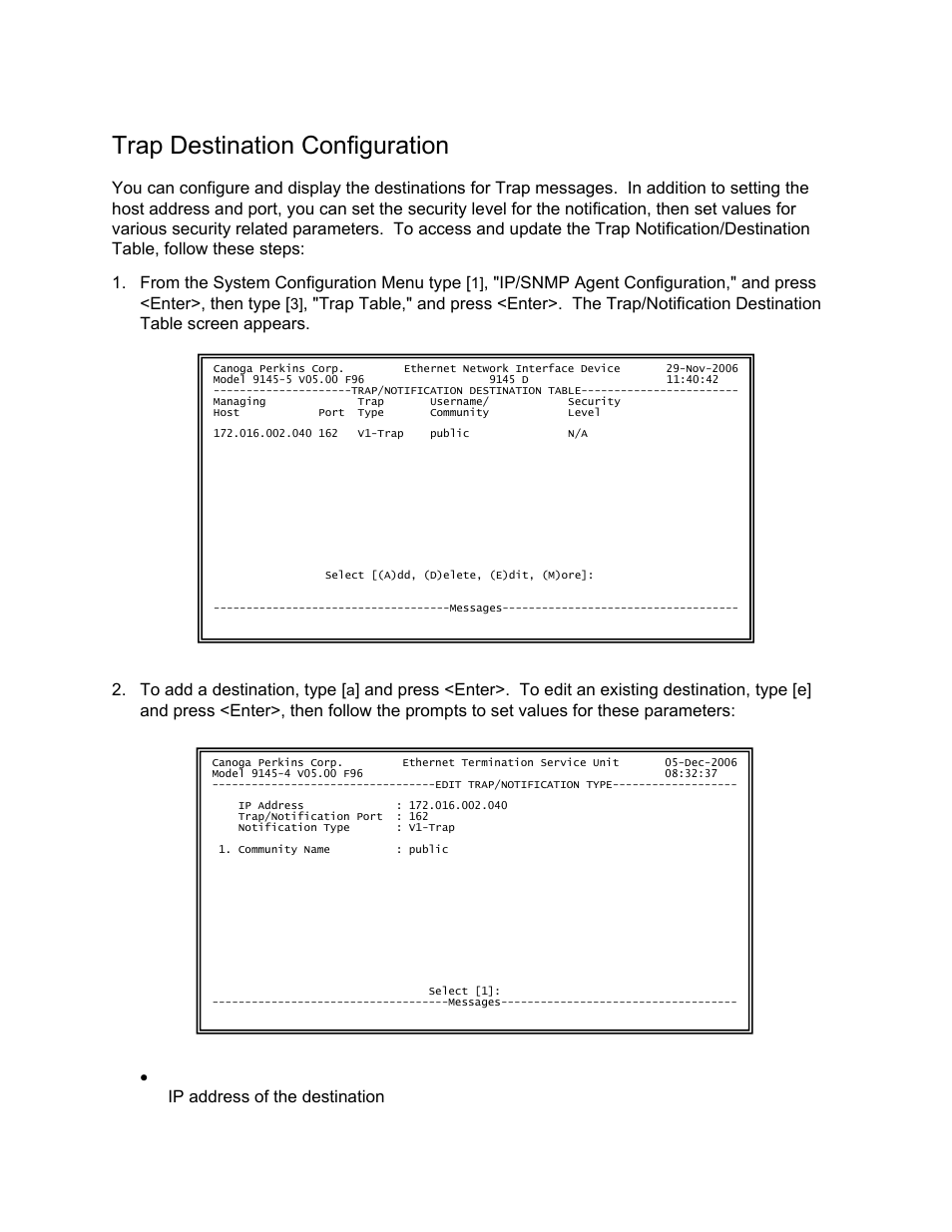 Trap destination configuration | CANOGA PERKINS 9145 Network Interface Device User Manual | Page 57 / 102