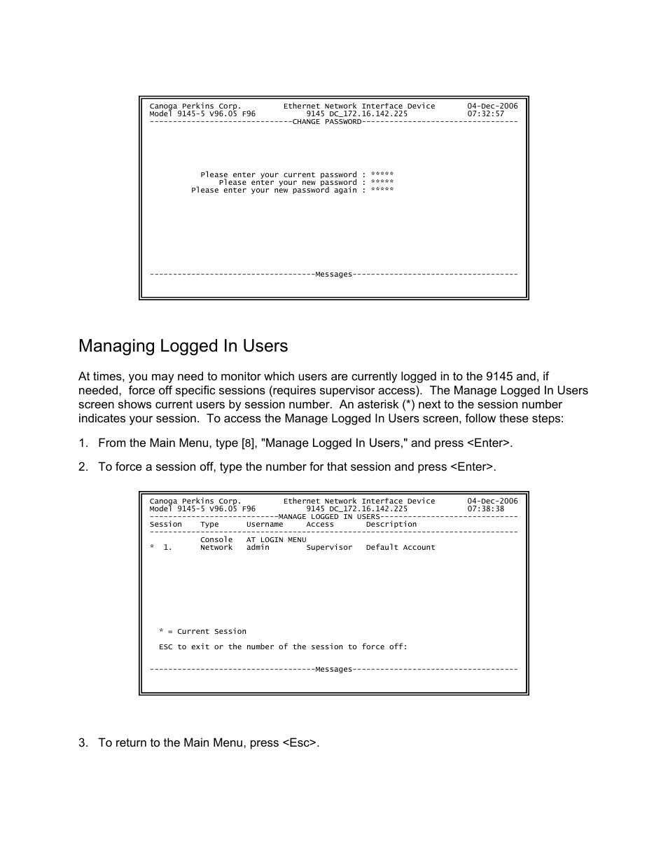 Managing logged in users | CANOGA PERKINS 9145 Network Interface Device User Manual | Page 60 / 102