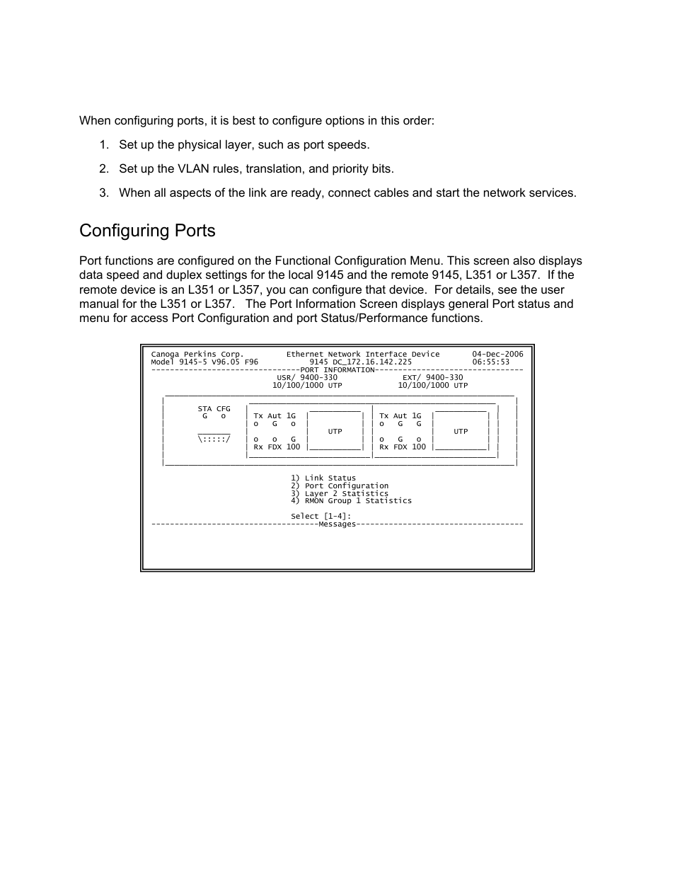 Managing the network interface, Configuring ports | CANOGA PERKINS 9145 Network Interface Device User Manual | Page 61 / 102