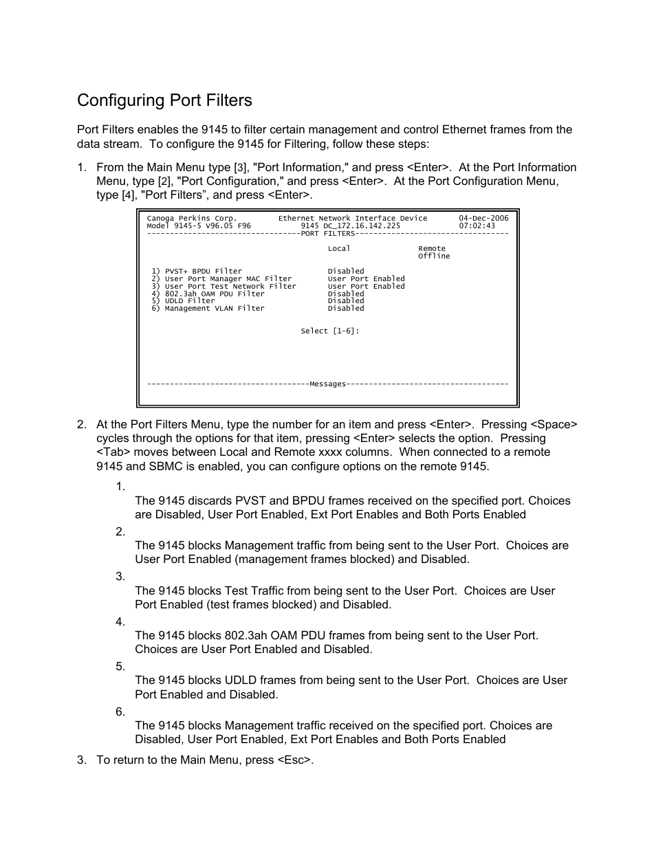 Configuring port filters | CANOGA PERKINS 9145 Network Interface Device User Manual | Page 68 / 102