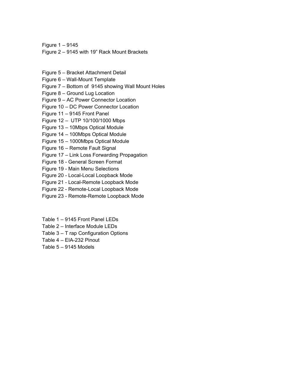 List of figures, List of tables | CANOGA PERKINS 9145 Network Interface Device User Manual | Page 7 / 102