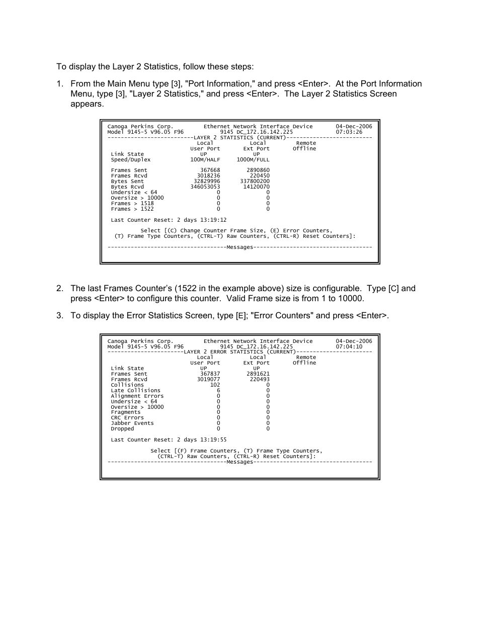 Error counters" and press <enter | CANOGA PERKINS 9145 Network Interface Device User Manual | Page 70 / 102