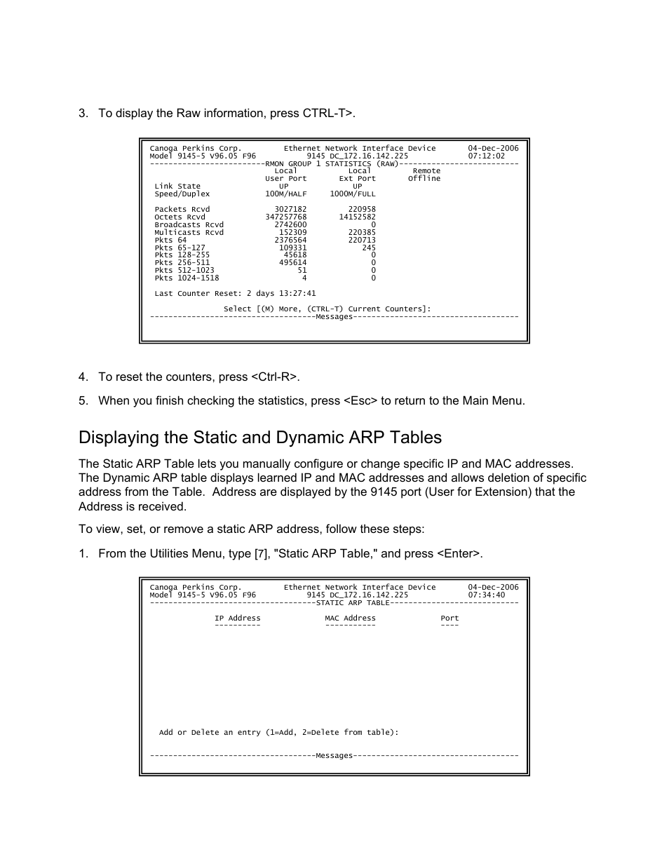 Displaying the static and dynamic arp tables, Static arp table," and press <enter | CANOGA PERKINS 9145 Network Interface Device User Manual | Page 73 / 102