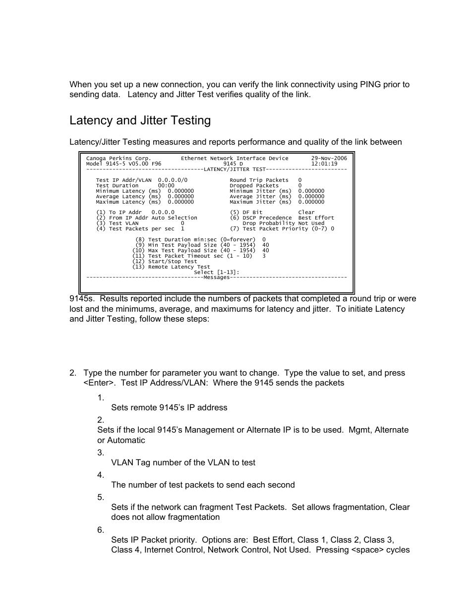 Running diagnostics, Latency and jitter testing | CANOGA PERKINS 9145 Network Interface Device User Manual | Page 79 / 102