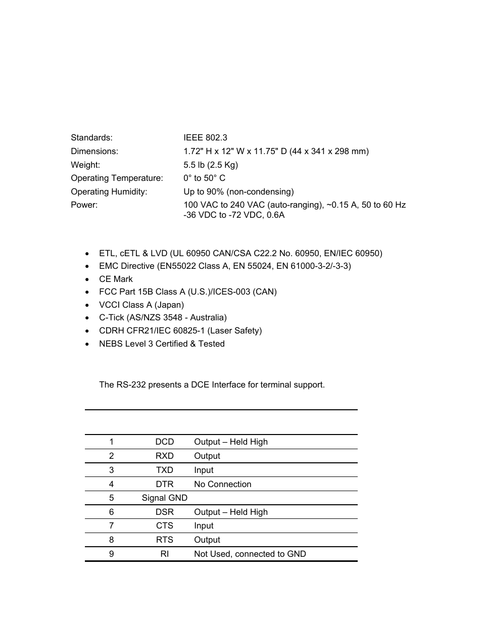 Chapter 5 - specifications, 9145 specifications, Regulatory compliance | Eia rs-232 port, Chapter 5 specifications | CANOGA PERKINS 9145 Network Interface Device User Manual | Page 85 / 102