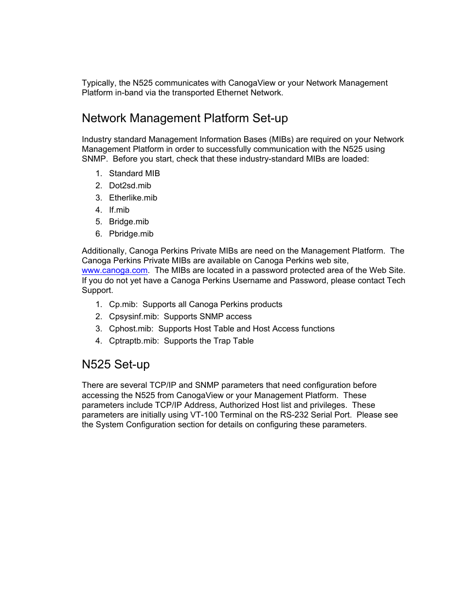 Setting up snmp network management, Network management platform set-up, N525 set-up | CANOGA PERKINS N525 Ethernet Termination Service Unit User Manual | Page 20 / 104