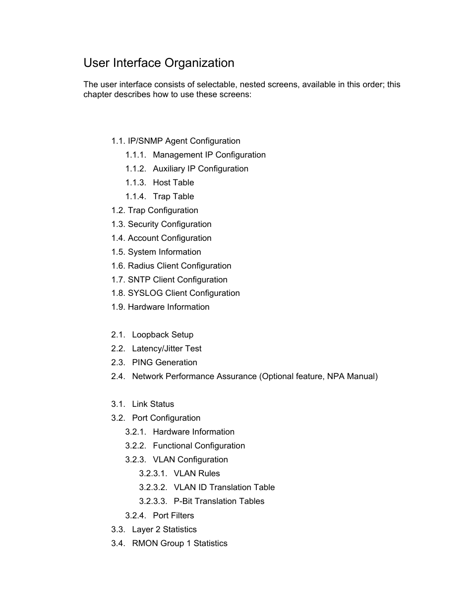 User interface organization, Main menu | CANOGA PERKINS N525 Ethernet Termination Service Unit User Manual | Page 22 / 104